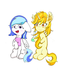 Size: 1080x1080 | Tagged: safe, artist:淬月星辉, imported from derpibooru, oc, oc only, pegasus, unicorn, derpibooru community collaboration, 2022 community collab, beaker, blushing, floppy ears, simple background, smiling, transparent background