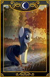 Size: 705x1082 | Tagged: safe, artist:gign-3208, imported from derpibooru, earth pony, pony, card, deirdre, female, grass, mare, ponified, rain, solo, the chronicles of amber, tree