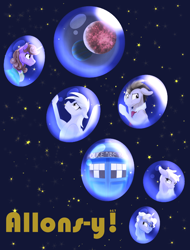 Size: 1900x2500 | Tagged: safe, artist:sixes&sevens, imported from derpibooru, derpy hooves, dinky hooves, doctor whooves, ponet, time turner, earth pony, pegasus, pony, unicorn, bubble, doctor who, eighth doctor, fanfic, fanfic art, fanfic cover, planet, ponified, stars, tardis, tenth doctor, the doctor