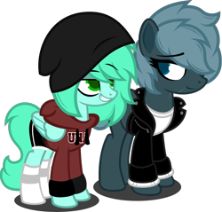 Size: 5519x5270 | Tagged: safe, artist:buckeyescozycafe, imported from derpibooru, oc, oc:flash freeze, oc:madison meadows, pegasus, pony, derpibooru community collaboration, 2022 community collab, beanie hat, clothes, female, hoodie, jacket, leather jacket, looking at each other, looking at someone, mare, simple background, socks, transparent background