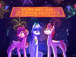 Size: 2400x1800 | Tagged: safe, artist:scribble-potato, imported from derpibooru, pipp petals, queen haven, zipp storm, pegasus, pony, celebration, cloudpuff, cute, female, fireworks, g5, happy new year, happy new year 2022, holiday, my little pony: a new generation, royal sisters (g5), siblings, sisters, trio, zephyr heights