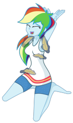 Size: 1296x2169 | Tagged: safe, artist:splendidbondage, imported from derpibooru, rainbow dash, equestria girls, armpits, clothes, eyes closed, feather, female, kneeling, laughing, open mouth, shorts, simple background, solo, tanktop, tickle torture, tickling, transparent background