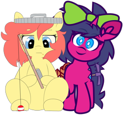 Size: 6006x5629 | Tagged: safe, artist:threetwotwo32232, artist:yelowcrom, imported from derpibooru, oc, oc only, oc:brushie, oc:fizzy pop, earth pony, pony, unicorn, derpibooru community collaboration, 2022 community collab, duo, female, mare, simple background, stardew valley, transparent background