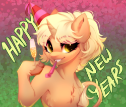 Size: 800x685 | Tagged: safe, artist:cabbage-arts, imported from derpibooru, oc, oc only, classical unicorn, semi-anthro, unicorn, alcohol, champagne, chest fluff, cloven hooves, female, happy new year, hat, holiday, hoof hold, human shoulders, leonine tail, new year, party hat, party horn, solo, unshorn fetlocks, wine