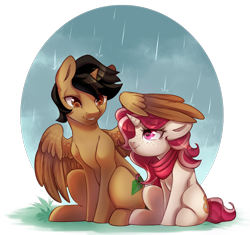 Size: 800x752 | Tagged: safe, artist:cabbage-arts, imported from derpibooru, oc, oc only, alicorn, pony, unicorn, alicorn oc, commission, commissioner:red palette, duo, female, grass, horn, male, partial background, rain, simple background, transparent background, unicorn oc, wings, ych result