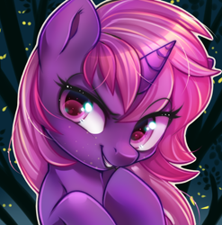 Size: 500x506 | Tagged: safe, artist:cabbage-arts, imported from derpibooru, oc, oc:dawn, pony, unicorn, bust, commission, commissioner:odd.owo, female, horn, mischievous, smiling, smirk, solo, unicorn oc