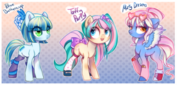 Size: 1136x550 | Tagged: safe, artist:cabbage-arts, imported from derpibooru, oc, oc only, oc:blue buttercup, oc:misty dreams, oc:taffy party, earth pony, pegasus, pony, clothes, earth pony oc, female, gradient background, pegasus oc, socks, trio