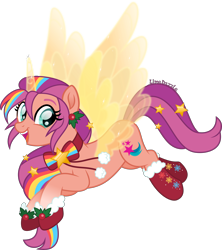 Size: 3552x4000 | Tagged: safe, artist:limedazzle, imported from derpibooru, part of a set, sunny starscout, alicorn, pony, christmas, clothes, g5, holiday, mane stripe sunny, my little pony: a new generation, open mouth, race swap, simple background, socks, solo, sunnycorn, transparent background