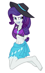 Size: 1250x2010 | Tagged: safe, artist:splendidbondage, imported from derpibooru, rarity, equestria girls, belly button, bikini, bondage, bound and gagged, clothes, female, gag, hands behind back, hat, kneeling, rarity's blue sarong, rarity's purple bikini, sarong, simple background, solo, swimsuit, tape, tape gag, transparent background