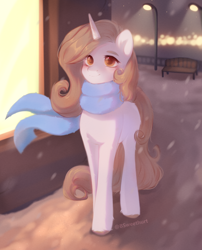 Size: 1612x2000 | Tagged: safe, artist:anku, imported from derpibooru, oc, oc only, pony, unicorn, bench, clothes, scarf, snow, snowfall, solo, streetlight