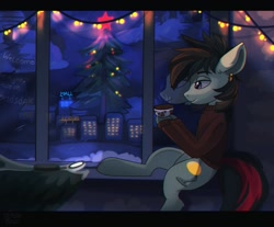 Size: 1750x1450 | Tagged: safe, artist:freak-side, imported from derpibooru, oc, oc only, earth pony, pony, christmas, christmas tree, clothes, ear piercing, holiday, lidded eyes, mug, piercing, reflection, sitting, smiling, snow, solo, string lights, sweater, tree, windowsill, winter