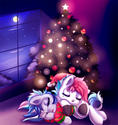 Size: 900x955 | Tagged: safe, artist:cabbage-arts, imported from derpibooru, oc, oc only, pony, christmas, christmas tree, commission, commissioner:odd.owo, cuddling, cute, duo, eyes closed, female, hat, holiday, night, santa hat, sleeping, tree, ych result