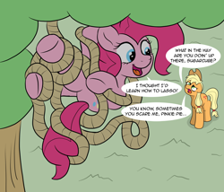 Size: 2000x1709 | Tagged: safe, artist:doodledonutart, imported from derpibooru, applejack, pinkie pie, earth pony, pony, comic, lasso, open mouth, open smile, rope, smiling, tangled up, tree