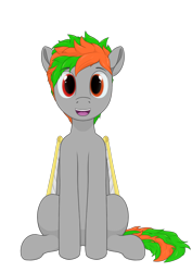 Size: 2480x3508 | Tagged: safe, artist:laykeen, derpibooru exclusive, imported from derpibooru, oc, oc:oples, pegasus, pony, derpibooru community collaboration, 2022 community collab, amputee, artificial wings, augmented, folded wings, grey fur, happy, heterochromia, high res, prosthetic limb, prosthetic wing, prosthetics, simple background, simple shading, sitting, solo, transparent background, wings