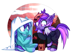 Size: 900x674 | Tagged: safe, artist:cabbage-arts, imported from derpibooru, oc, oc only, oc:midnight mist, oc:sugar spirits, bat pony, pony, bat pony oc, clothes, costume, duo, female, halloween, holiday, i got a rock, partial background, simple background, transparent background