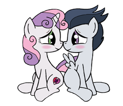 Size: 2423x2095 | Tagged: safe, artist:lunaticdawn, imported from derpibooru, rumble, sweetie belle, pegasus, pony, unicorn, blushing, boop, colt, cute, cutie mark, eye contact, female, filly, foal, high res, looking at each other, looking at someone, male, rumbelle, shipping, simple background, sitting, smiling, straight, transparent background