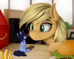 Size: 3000x2400 | Tagged: safe, artist:palibrik, imported from derpibooru, applejack, oc, earth pony, pony, unicorn, burger, duo, fast food, female, food, french fries, happy meal, hay burger, high res, horn, mcdonald's, micro, unicorn oc