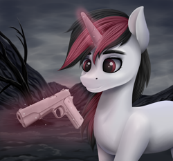 Size: 3000x2800 | Tagged: safe, artist:palibrik, imported from derpibooru, oc, oc only, oc:blackjack, pony, unicorn, fallout equestria, fallout equestria: project horizons, fanfic art, female, glowing, glowing horn, gun, high res, horn, m1911, magic, solo, telekinesis, unicorn oc, wasteland, weapon