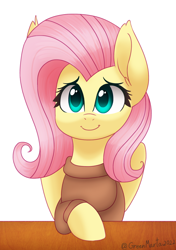 Size: 1870x2650 | Tagged: safe, artist:greenmarta, imported from derpibooru, fluttershy, pegasus, pony, clothes, cute, female, looking at you, shyabetes, simple background, smiling, smiling at you, solo, sweater, sweatershy, white background