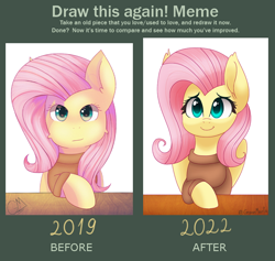 Size: 784x744 | Tagged: safe, artist:greenmarta, imported from derpibooru, fluttershy, pegasus, pony, clothes, comparison, draw this again, female, redraw, sweater, sweatershy