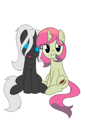 Size: 1400x2000 | Tagged: safe, artist:cdv, derpibooru exclusive, imported from derpibooru, oc, oc only, oc:dragonfly, oc:spicy flavor, changeling, pony, unicorn, derpibooru community collaboration, 2022 community collab, changeling oc, curved horn, duo, female, grin, horn, looking at you, mare, open mouth, open smile, simple background, sitting, smiling, smiling at you, tail, transparent background, two toned tail, unicorn oc