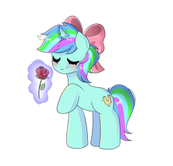 Size: 2500x2400 | Tagged: safe, artist:arwencuack, imported from derpibooru, oc, oc only, oc:coral glitter, pony, unicorn, blushing, bow, cute, eyebrows, eyebrows visible through hair, eyes closed, female, flower, full body, glowing, glowing horn, hair bow, high res, horn, levitation, magic, mare, multicolored hair, multicolored mane, multicolored tail, raised hoof, rose, simple background, smiling, solo, standing, tail, telekinesis, transparent background, unicorn oc
