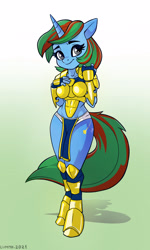 Size: 2160x3605 | Tagged: safe, artist:lummh, imported from derpibooru, oc, oc only, oc:wander bliss, anthro, unguligrade anthro, unicorn, armor, high res, loincloth, solo