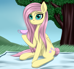 Size: 3200x3000 | Tagged: safe, artist:palibrik, imported from derpibooru, fluttershy, pegasus, pony, blanket, female, food, grass, high res, picnic, sitting, solo, tea, tree