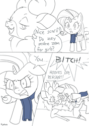 Size: 1505x2125 | Tagged: safe, artist:hyakuen, imported from derpibooru, part of a set, rarity, deer, reindeer, unicorn, series:my medium ungulate, them's fightin' herds, catfight, clothes, comic, community related, crossover, crying, fight, gritted teeth, one eye closed, open mouth, part of a series, scarf, simple background, tears of anger, teary eyes, velvet (tfh), vulgar, white background
