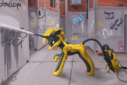 Size: 2400x1600 | Tagged: safe, artist:miramore, imported from derpibooru, oc, oc:tekna, object pony, original species, pony, robot, robot pony, unicorn, 2022, alley, amogus, among us, angry, blast, brazil, city, cleaning, english, focused, graffiti, gray background, gritted teeth, inside joke, leaning forward, machine, meme, outdoors, ponified, portuguese, pressure washer, pressure washing, signature, simple background, solo, sus (among us), text, washing, water