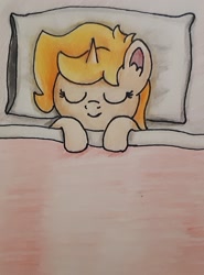 Size: 1480x2005 | Tagged: safe, artist:pastelsplash, imported from derpibooru, oc, oc only, oc:finnian s., pony, unicorn, bed, femboy, male, sleeping, traditional art