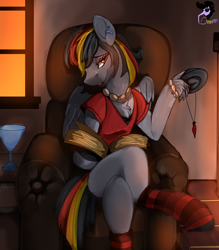 Size: 2600x2968 | Tagged: safe, artist:brainiac, imported from derpibooru, oc, oc only, oc:anti-lag, pegasus, pony, book, chair, chest fluff, clothes, commission, crossed legs, female, high res, jewelry, lidded eyes, looking at you, mare, necklace, shirt, sitting, smiling, smiling at you, socks, solo, striped socks, tiktok, time-lapse included, underhoof