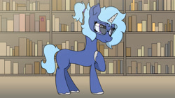 Size: 3840x2160 | Tagged: safe, artist:straighttothepointstudio, imported from derpibooru, oc, pony, unicorn, among us, book, bookshelf, crewmate, digital art, ear fluff, female, freckles, g5, glasses, high res, hoof on chest, impostor, library, mare, my little pony: a new generation, ponytail, smiling, solo, unshorn fetlocks