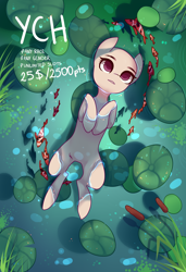 Size: 1300x1900 | Tagged: safe, artist:nazori, imported from derpibooru, oc, oc only, fish, pony, bald, cattails, commission, featureless crotch, lilypad, lying down, on back, outdoors, pond, reeds, solo, water, your character here