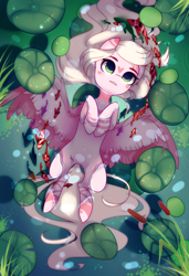 Size: 1300x1900 | Tagged: safe, alternate version, artist:nazori, imported from derpibooru, oc, oc only, fish, pegasus, pony, alternate character, cattails, commission, featureless crotch, lilypad, lying down, on back, outdoors, pegasus oc, pond, reeds, solo, spread wings, water, wings, ych result