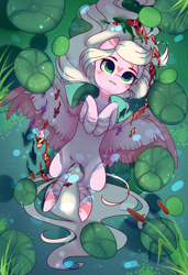 Size: 1300x1900 | Tagged: safe, alternate version, artist:nazori, imported from derpibooru, oc, oc only, fish, pegasus, pony, alternate character, cattails, commission, featureless crotch, lilypad, lying down, on back, outdoors, pegasus oc, pond, reeds, solo, spread wings, water, wings, ych result