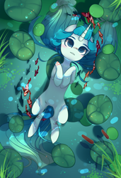 Size: 1300x1900 | Tagged: safe, alternate version, artist:nazori, imported from derpibooru, oc, oc only, fish, pony, unicorn, alternate character, cattails, commission, featureless crotch, horn, lilypad, lying down, on back, outdoors, pond, reeds, solo, unicorn oc, water, ych result