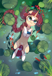 Size: 1300x1900 | Tagged: safe, alternate version, artist:nazori, imported from derpibooru, oc, oc only, fish, pony, unicorn, alternate character, cattails, commission, featureless crotch, horn, lilypad, lying down, on back, outdoors, pond, reeds, solo, unicorn oc, water, ych result