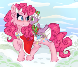 Size: 1915x1648 | Tagged: safe, artist:tizhonolulu, imported from derpibooru, pinkie pie, spike, dragon, earth pony, pony, blushing, bow, bush, christmas, clothes, cloud, cookie, duo, food, hat, holiday, raised hoof, santa hat, sky, snow, sweater, winged spike, wings