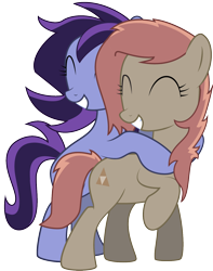 Size: 1092x1388 | Tagged: safe, artist:pootanger_sfm, imported from derpibooru, oc, oc only, oc:atari, oc:raven storm, earth pony, pony, derpibooru community collaboration, 2022 community collab, earth pony oc, eyes closed, grin, hug, hug from behind, png, show accurate, simple background, smiling, transparent background