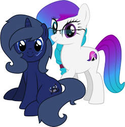 Size: 1321x1338 | Tagged: safe, artist:pootanger_sfm, imported from derpibooru, oc, oc only, oc:aurora starling, oc:midnight music, earth pony, pony, unicorn, derpibooru community collaboration, 2022 community collab, earth pony oc, horn, looking at you, show accurate, simple background, sitting, transparent background, unicorn oc