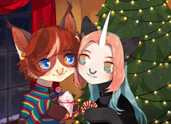 Size: 1800x1300 | Tagged: safe, artist:qawakie, imported from derpibooru, oc, oc only, cat, cat pony, original species, pony, unicorn, bust, candy, candy cane, christmas, christmas tree, clothes, cup, drink, duo, food, holiday, horn, indoors, nose piercing, nose ring, piercing, smiling, tree, unicorn oc