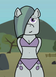 Size: 633x866 | Tagged: safe, artist:e-49, artist:liamrev, imported from derpibooru, marble pie, anthro, earth pony, arm behind back, belly button, bikini, both cutie marks, breasts, cleavage, clothes, female, hair over one eye, looking at you, midriff, sexy, smiling, smiling at you, solo, stupid sexy marble pie, swimsuit