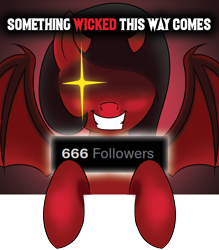 Size: 4000x4558 | Tagged: safe, artist:trash anon, imported from ponybooru, oc, oc:sinful delight, demon, demon pony, original species, succubus, 666, demon wings, devil horns, follower count, looking at you, smiling, smiling at you, text, wings