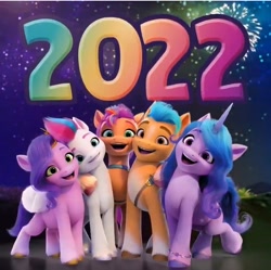 Size: 720x716 | Tagged: safe, imported from ponybooru, hitch trailblazer, izzy moonbow, pipp petals, sunny starscout, zipp storm, 2022, g5, happy new year, holiday, official