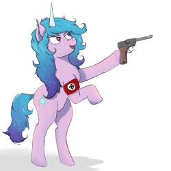 Size: 894x894 | Tagged: safe, artist:ultraprogre-art, imported from ponybooru, izzy moonbow, g5, gun, luger, nazi, simple background, solo, weapon, white background