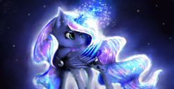 Size: 1280x662 | Tagged: safe, artist:lunarmoonponi, imported from derpibooru, princess luna, alicorn, glow, magic, night, solo