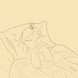 Size: 1000x1000 | Tagged: safe, artist:hotkinkajou, lyra heartstrings, pony, unicorn, blanket, digital, female, hat, lineart, monochrome, nightcap, pillow, sleeping