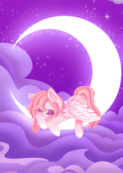 Size: 2480x3508 | Tagged: safe, artist:ebiruchan, imported from derpibooru, oc, oc only, pegasus, pony, commission, crescent moon, moon, pegasus oc, sleeping, sleeping on moon, solo, tangible heavenly object, transparent moon, wings