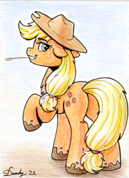 Size: 1490x2062 | Tagged: safe, artist:dandy, imported from derpibooru, applejack, earth pony, pony, applebutt, butt, colored pencil drawing, cowboy hat, eyebrows, eyebrows visible through hair, female, grin, hair tie, hat, looking at you, looking back, looking back at you, mare, muddy hooves, plot, ponytail, raised hoof, smiling, smiling at you, solo, straw in mouth, traditional art